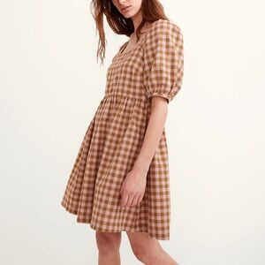 Madewell Tan and Pink Puff Sleeve A-Line Dress